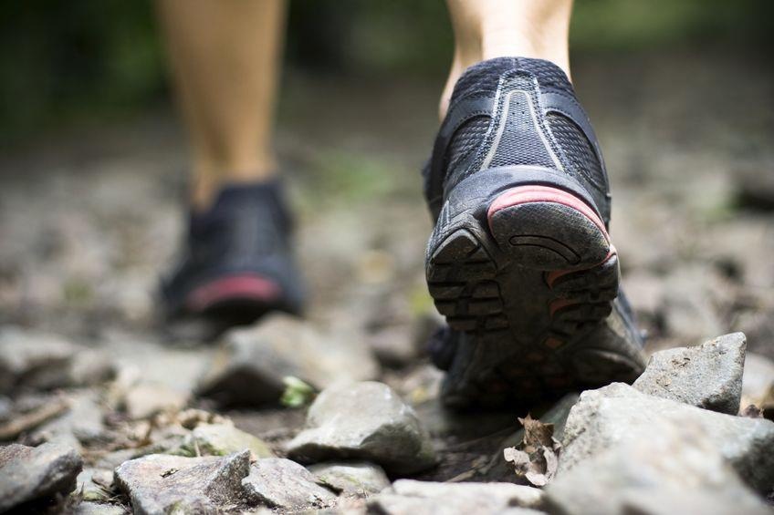 Close view of walking shoes mid-stride on a paved path, illustrating an even walking rhythm